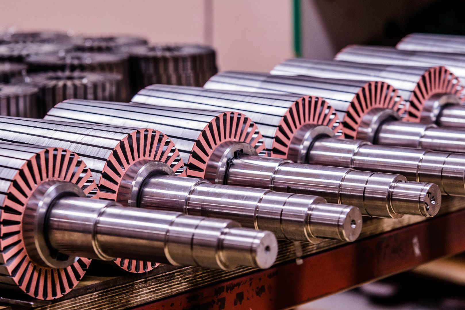 Engine components stacked next to each other